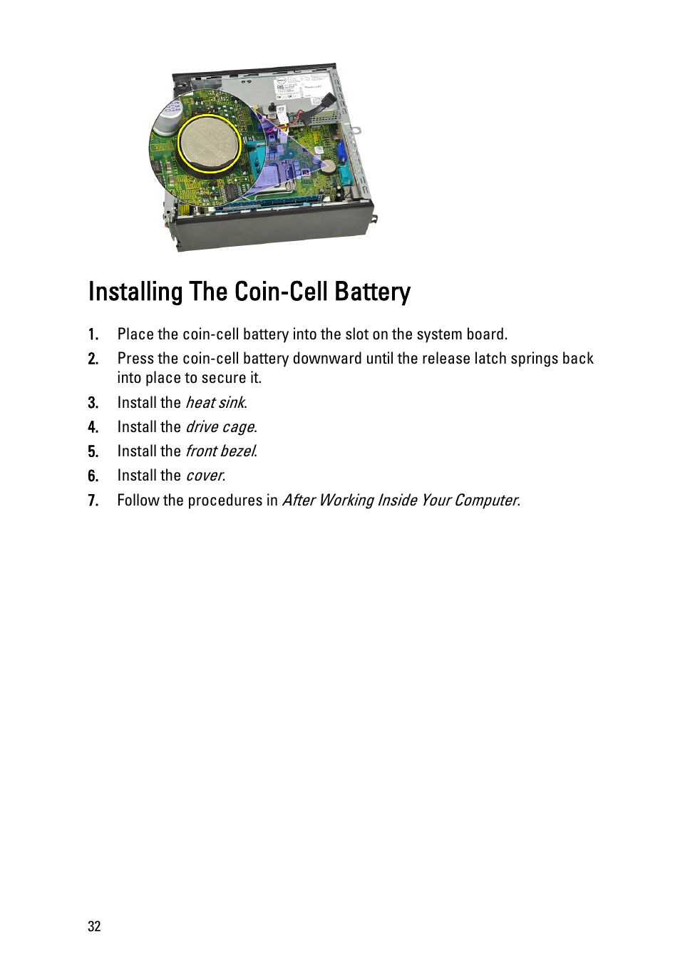 Installing the coin-cell battery | Dell OptiPlex 790 (Early 2011) User Manual | Page 32 / 95