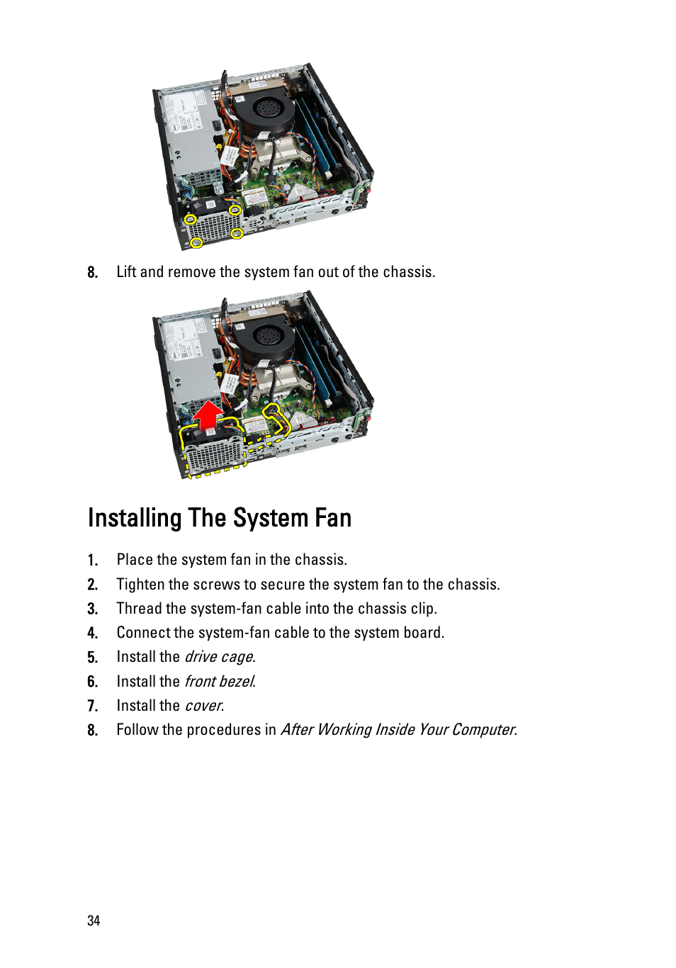 Installing the system fan | Dell OptiPlex 790 (Early 2011) User Manual | Page 34 / 95