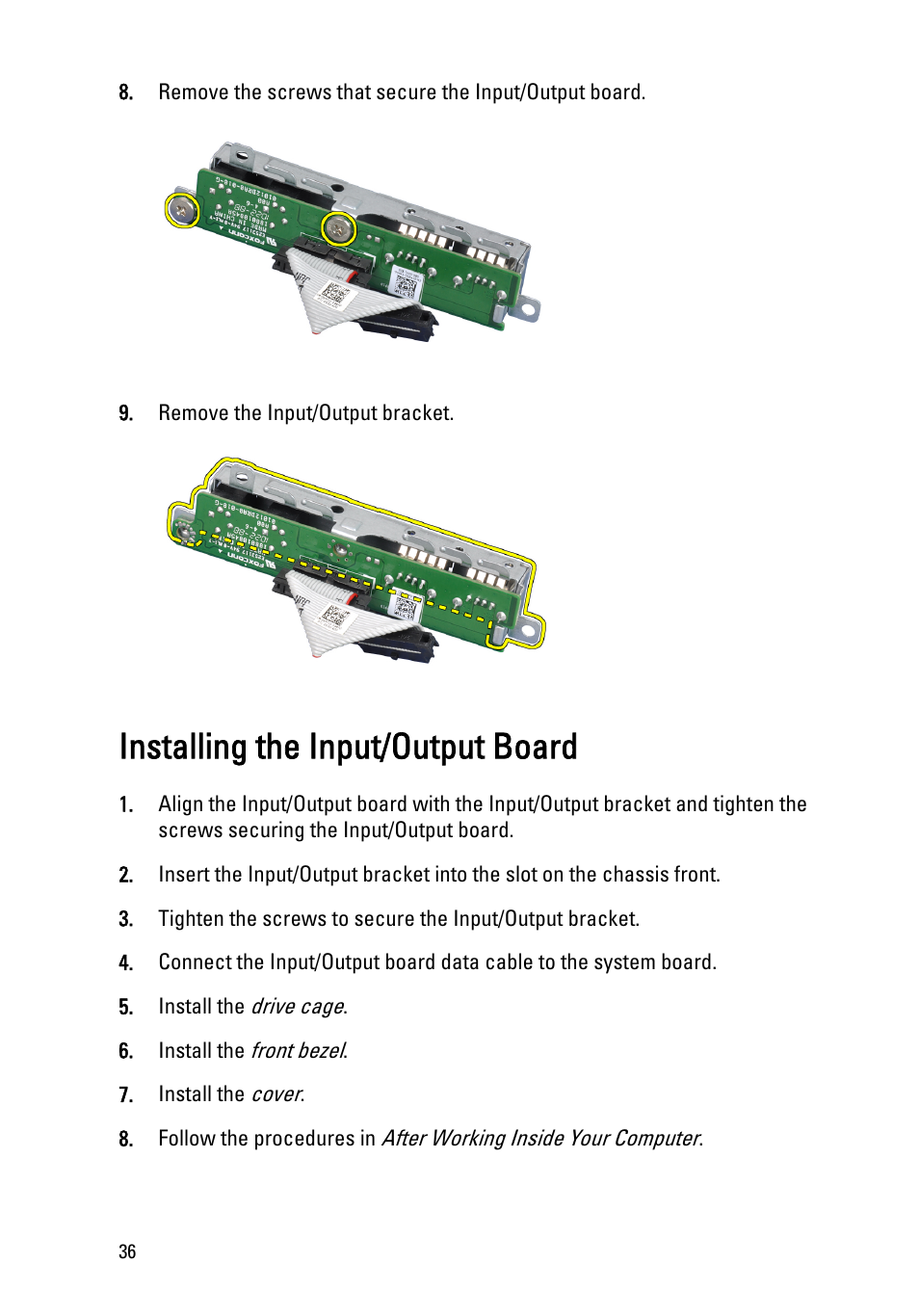Installing the input/output board | Dell OptiPlex 790 (Early 2011) User Manual | Page 36 / 95
