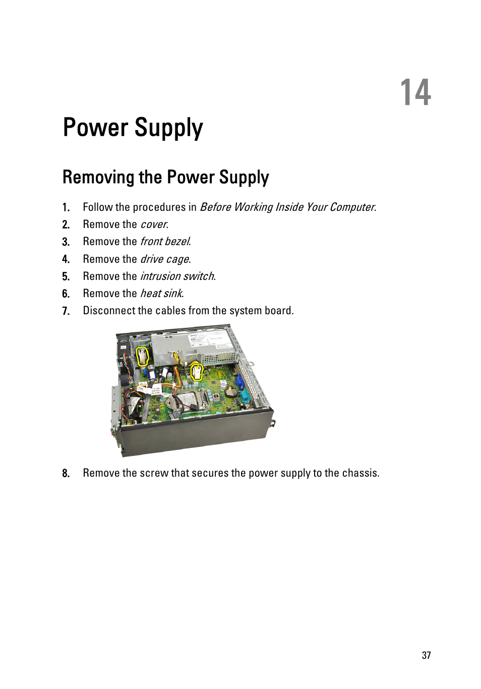 Power supply, Removing the power supply, 14 power supply | Dell OptiPlex 790 (Early 2011) User Manual | Page 37 / 95