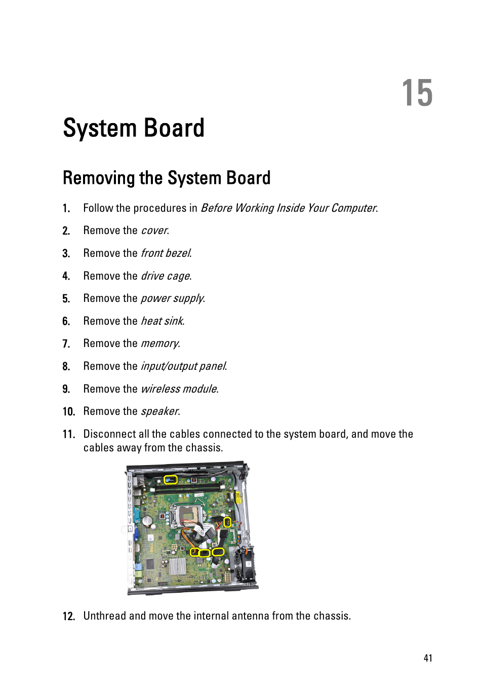 System board, Removing the system board, 15 system board | Dell OptiPlex 790 (Early 2011) User Manual | Page 41 / 95