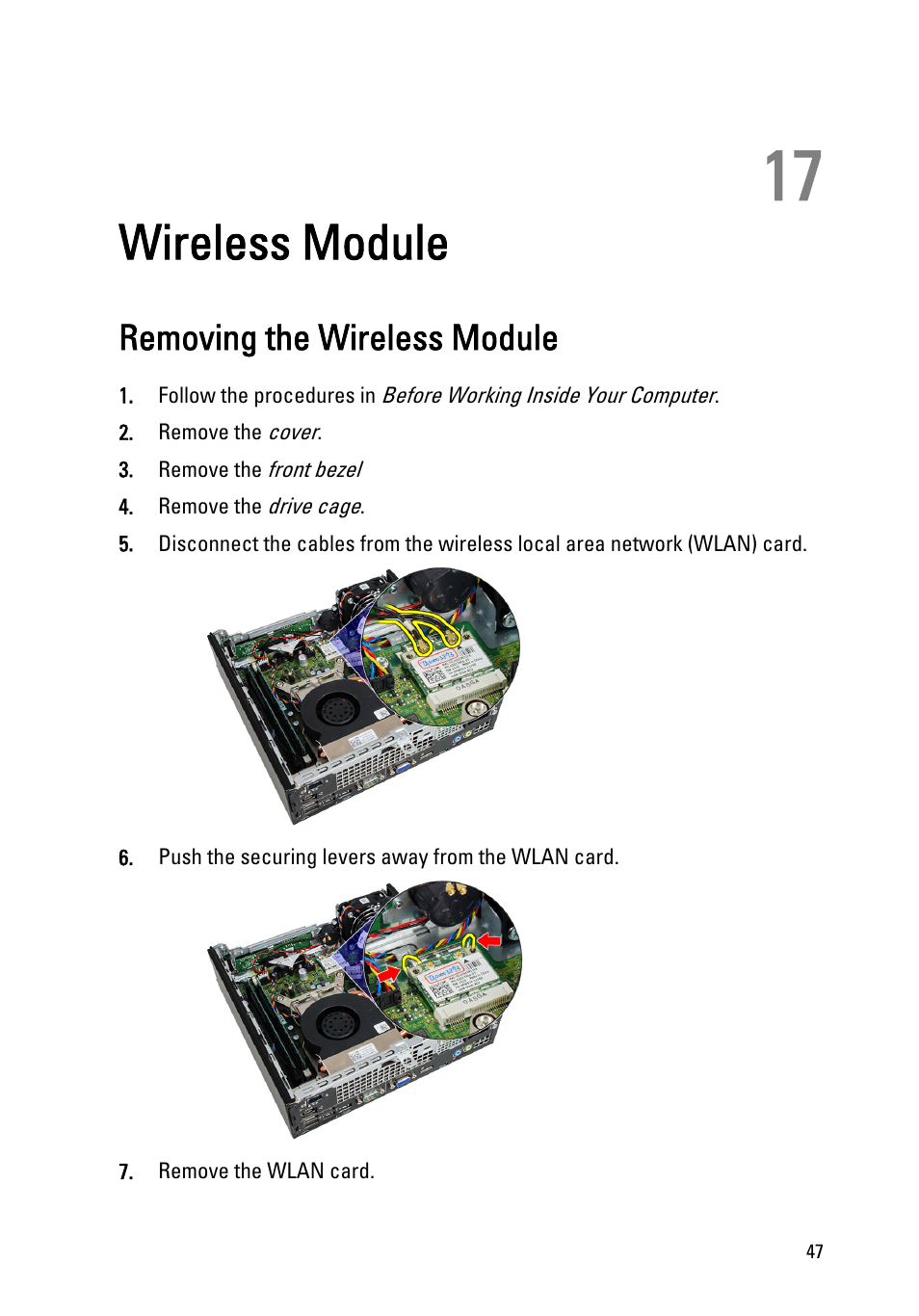 Wireless module, Removing the wireless module, 17 wireless module | Remove the | Dell OptiPlex 790 (Early 2011) User Manual | Page 47 / 95