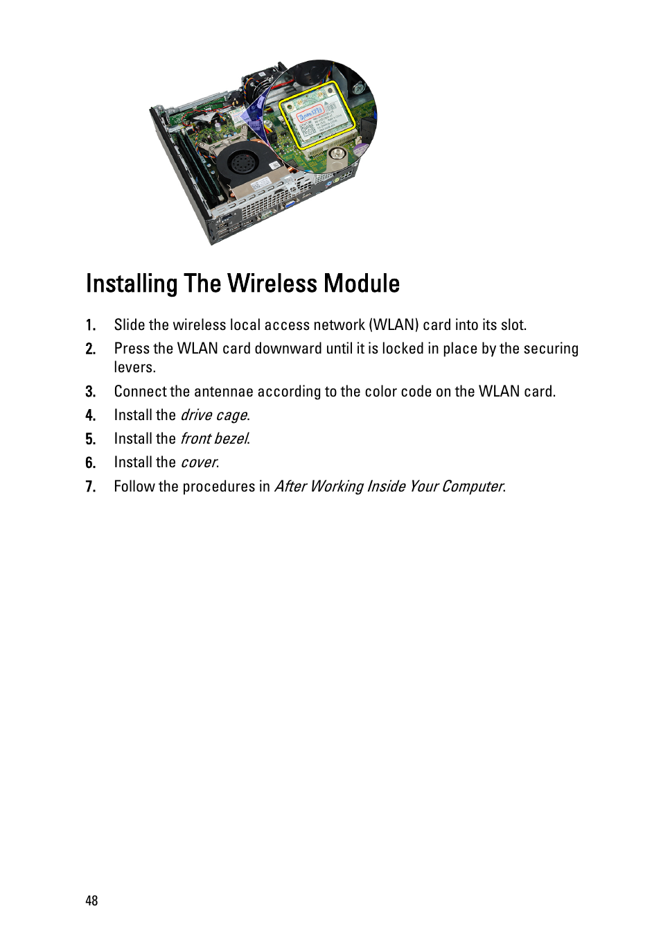 Installing the wireless module, Install the, Wireless module | Dell OptiPlex 790 (Early 2011) User Manual | Page 48 / 95