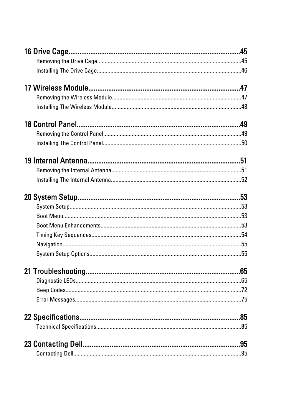 16 drive cage, 17 wireless module, 18 control panel | 19 internal antenna, 20 system setup, 21 troubleshooting, 22 specifications, 23 contacting dell | Dell OptiPlex 790 (Early 2011) User Manual | Page 5 / 95