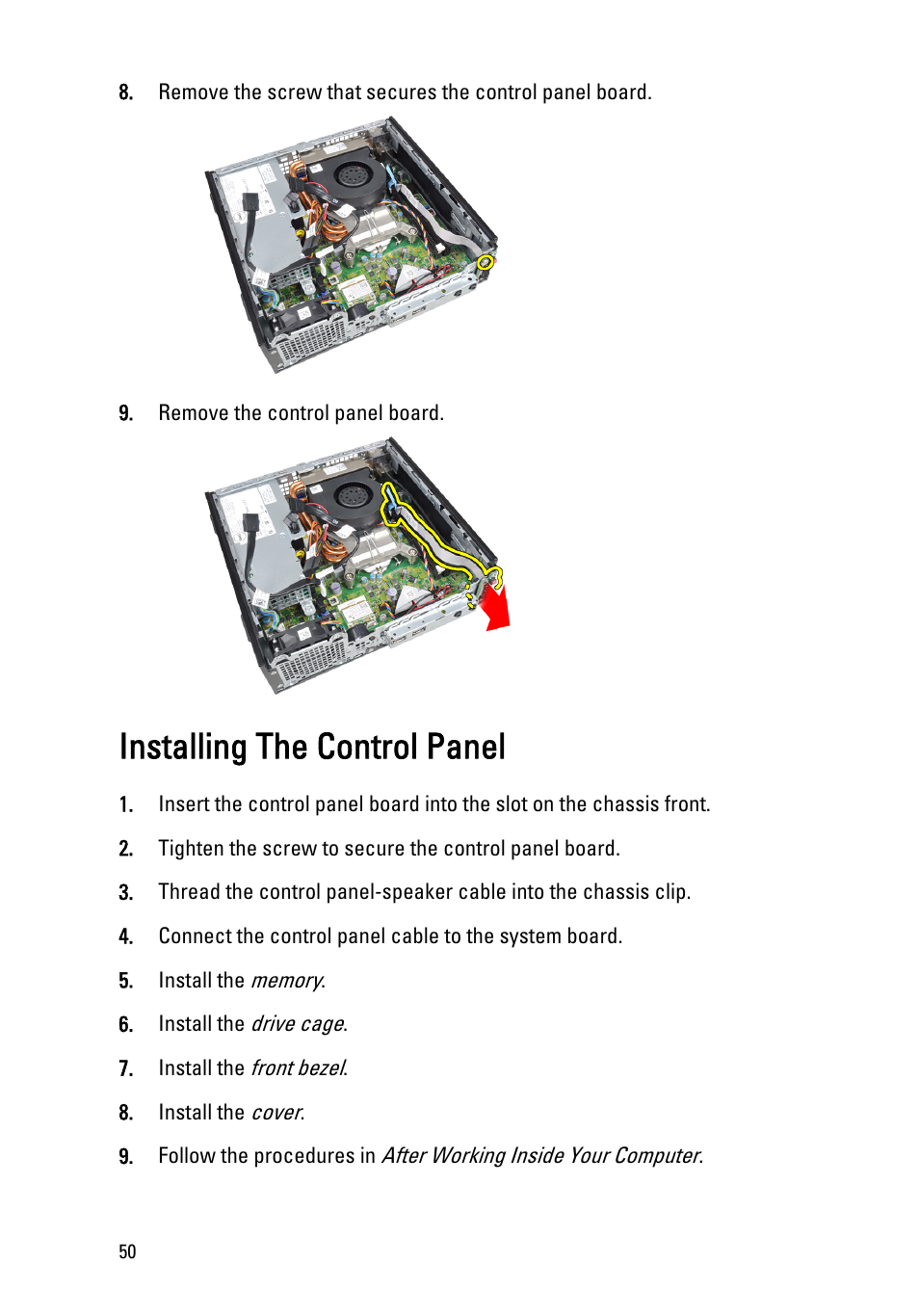 Installing the control panel | Dell OptiPlex 790 (Early 2011) User Manual | Page 50 / 95