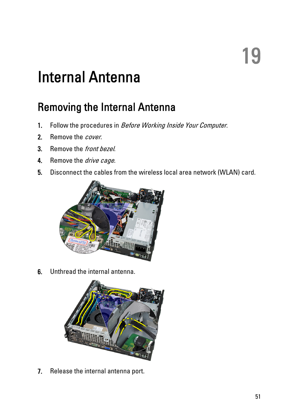 Internal antenna, Removing the internal antenna, 19 internal antenna | Dell OptiPlex 790 (Early 2011) User Manual | Page 51 / 95