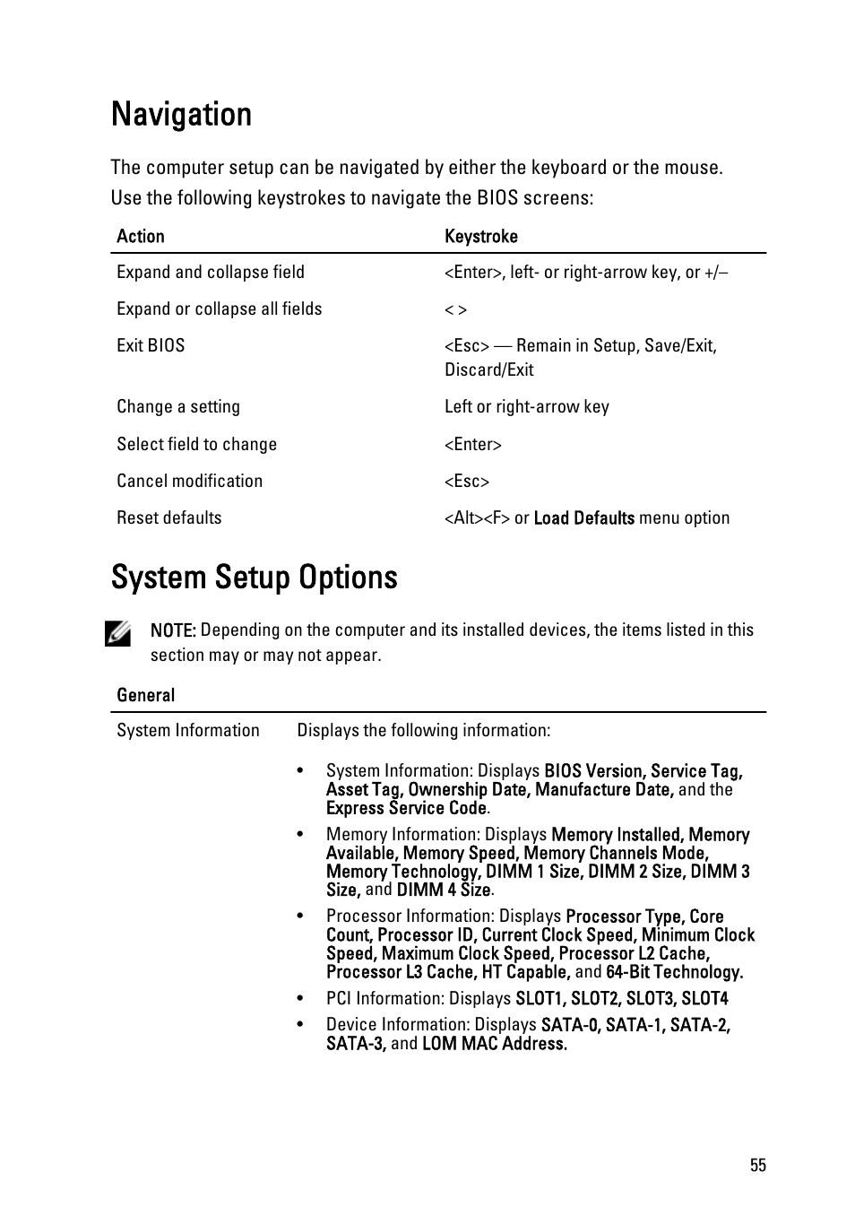 Navigation, System setup options | Dell OptiPlex 790 (Early 2011) User Manual | Page 55 / 95