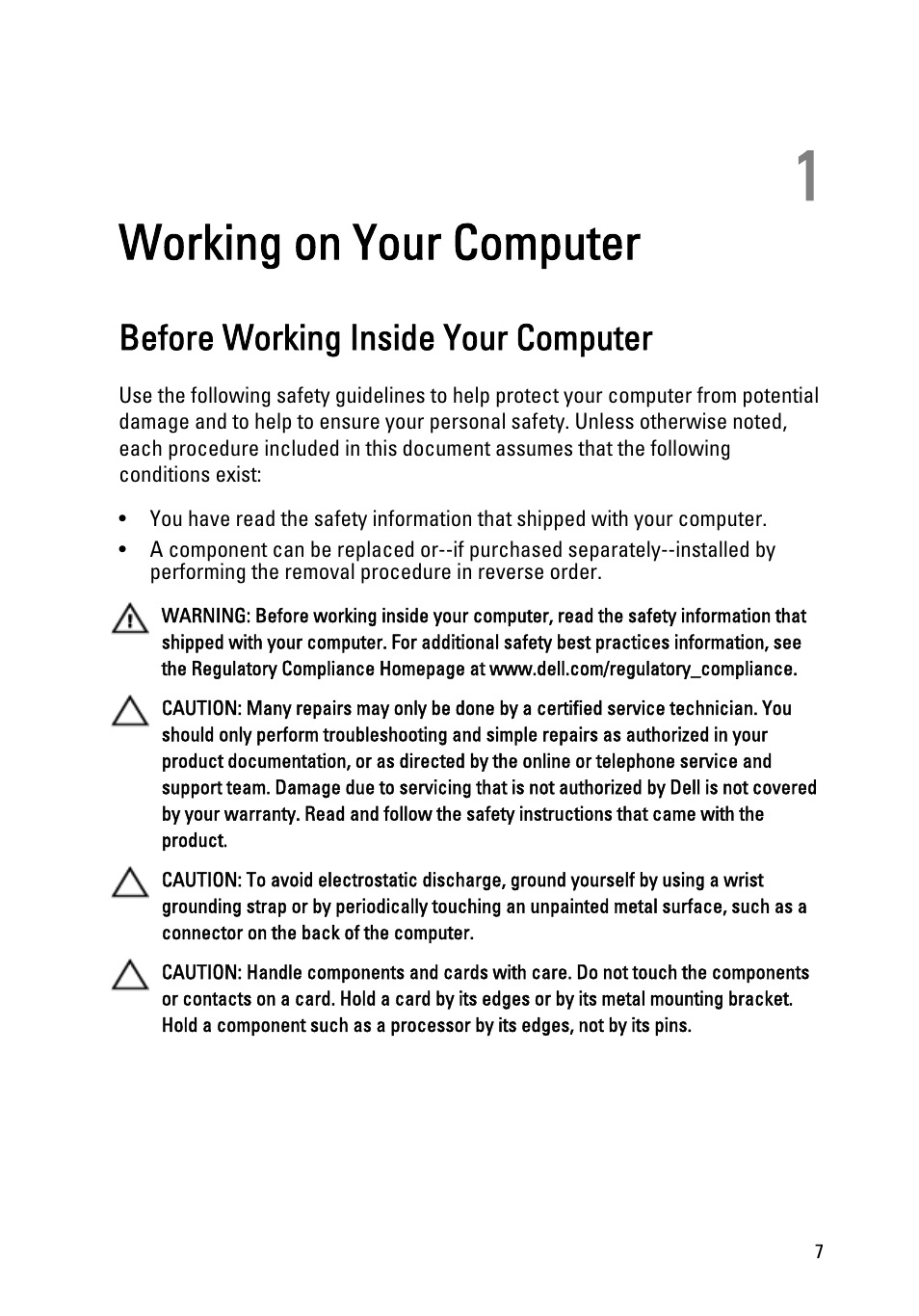 Working on your computer, Before working inside your computer, 1 working on your computer | Dell OptiPlex 790 (Early 2011) User Manual | Page 7 / 95