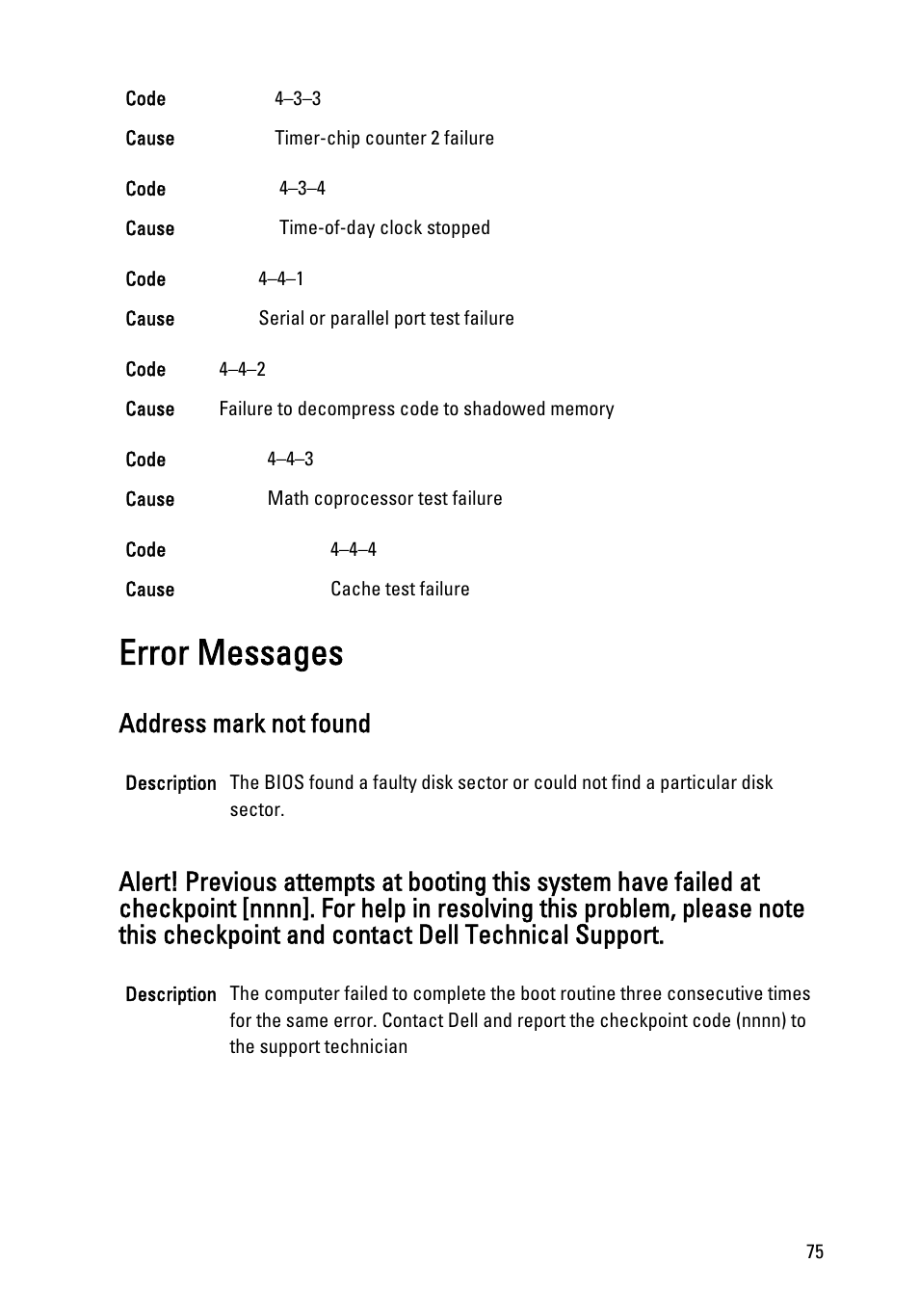 Error messages, Address mark not found | Dell OptiPlex 790 (Early 2011) User Manual | Page 75 / 95