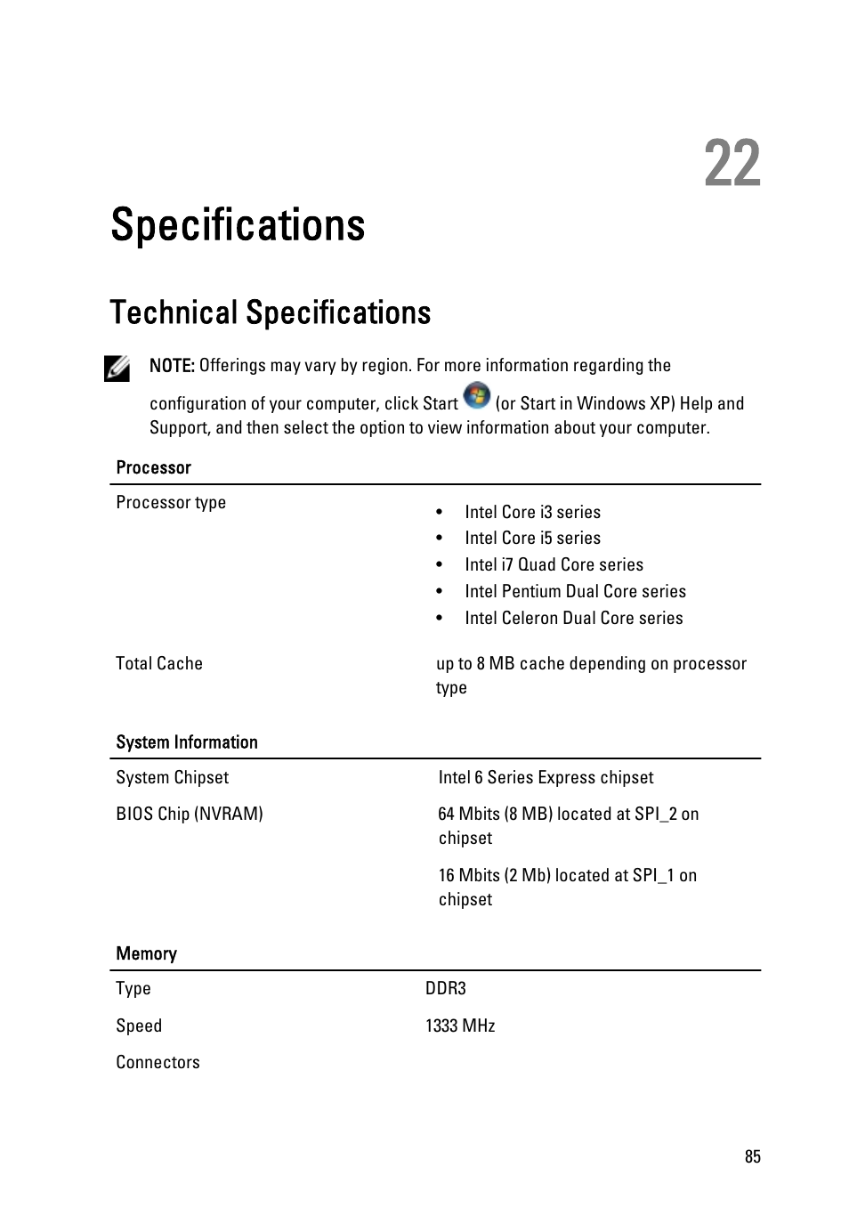 Specifications, Technical specifications, 22 specifications | Dell OptiPlex 790 (Early 2011) User Manual | Page 85 / 95