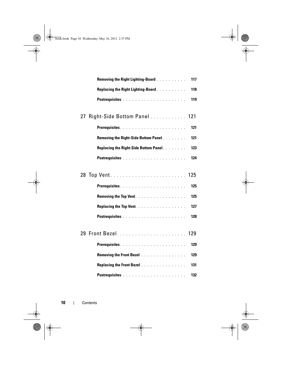 27 right-side bottom panel, 28 top vent, 29 front bezel | Dell Alienware Aurora R4 (Late 2011) User Manual | Page 10 / 162