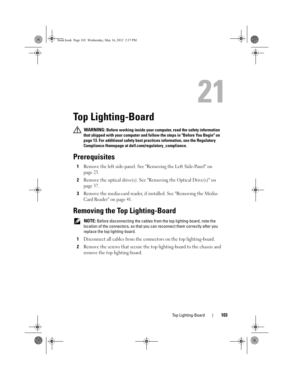 Top lighting-board, Prerequisites, Removing the top lighting-board | Dell Alienware Aurora R4 (Late 2011) User Manual | Page 103 / 162