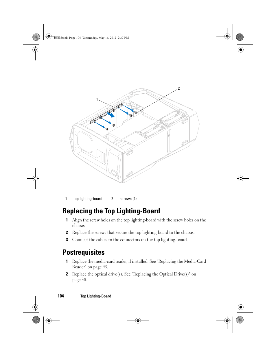 Replacing the top lighting-board, Postrequisites | Dell Alienware Aurora R4 (Late 2011) User Manual | Page 104 / 162