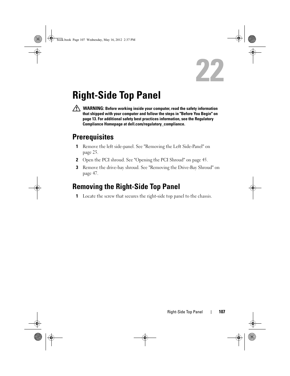 Right-side top panel, Prerequisites, Removing the right-side top panel | Dell Alienware Aurora R4 (Late 2011) User Manual | Page 107 / 162