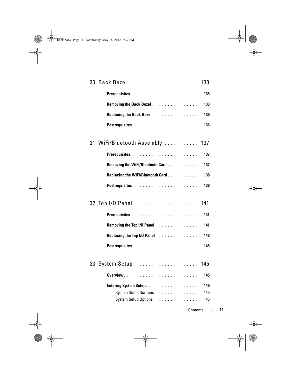 30 back bezel, 31 wifi/bluetooth assembly, 32 top i/o panel | 33 system setup | Dell Alienware Aurora R4 (Late 2011) User Manual | Page 11 / 162