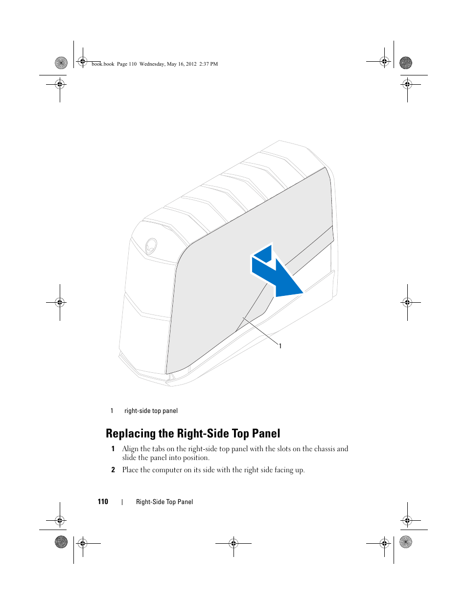 Replacing the right-side top panel | Dell Alienware Aurora R4 (Late 2011) User Manual | Page 110 / 162