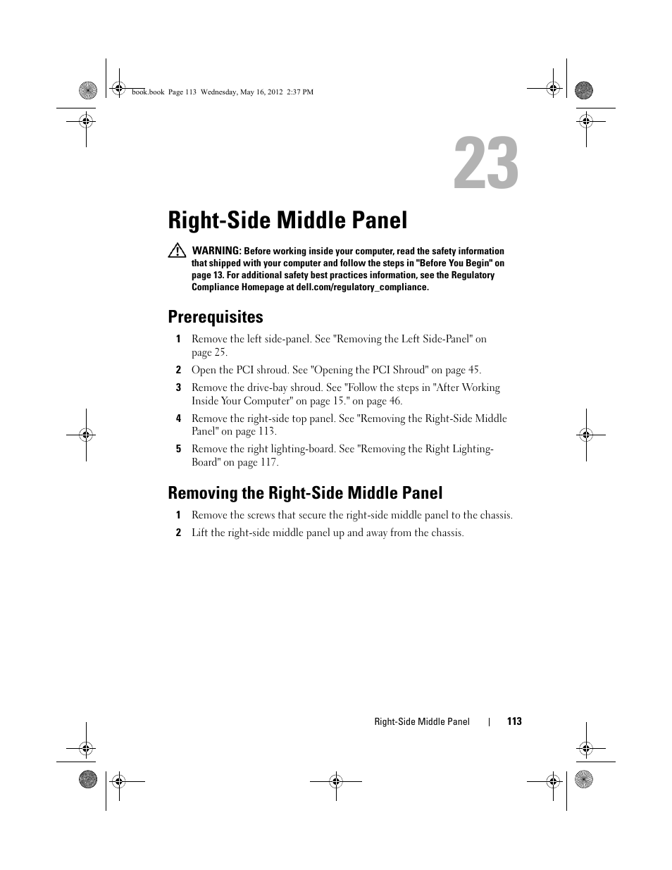 Right-side middle panel, Prerequisites, Removing the right-side middle panel | Dell Alienware Aurora R4 (Late 2011) User Manual | Page 113 / 162