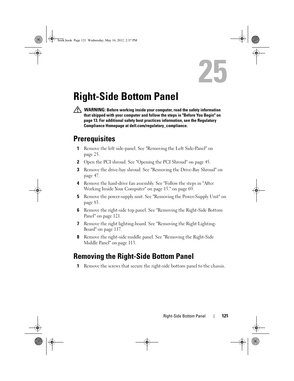 Right-side bottom panel, Prerequisites, Removing the right-side bottom panel | Dell Alienware Aurora R4 (Late 2011) User Manual | Page 121 / 162