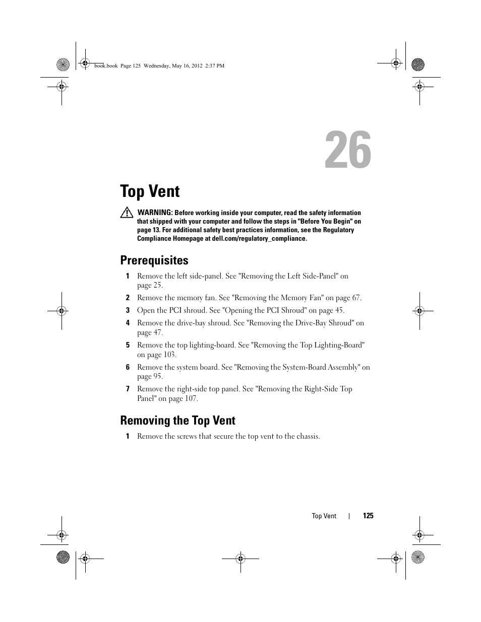 Top vent, Prerequisites, Removing the top vent | Dell Alienware Aurora R4 (Late 2011) User Manual | Page 125 / 162