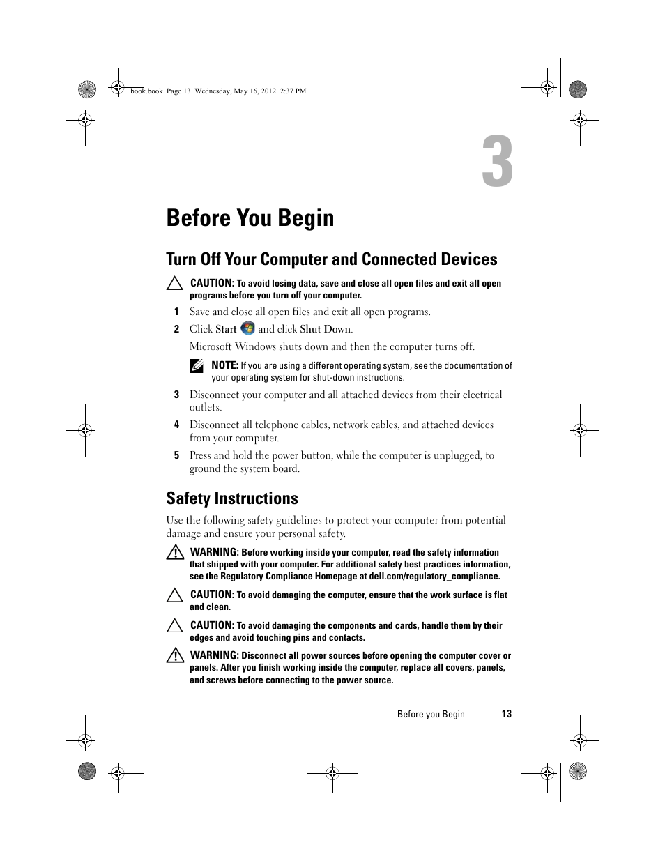 Before you begin, Turn off your computer and connected devices, Safety instructions | Dell Alienware Aurora R4 (Late 2011) User Manual | Page 13 / 162