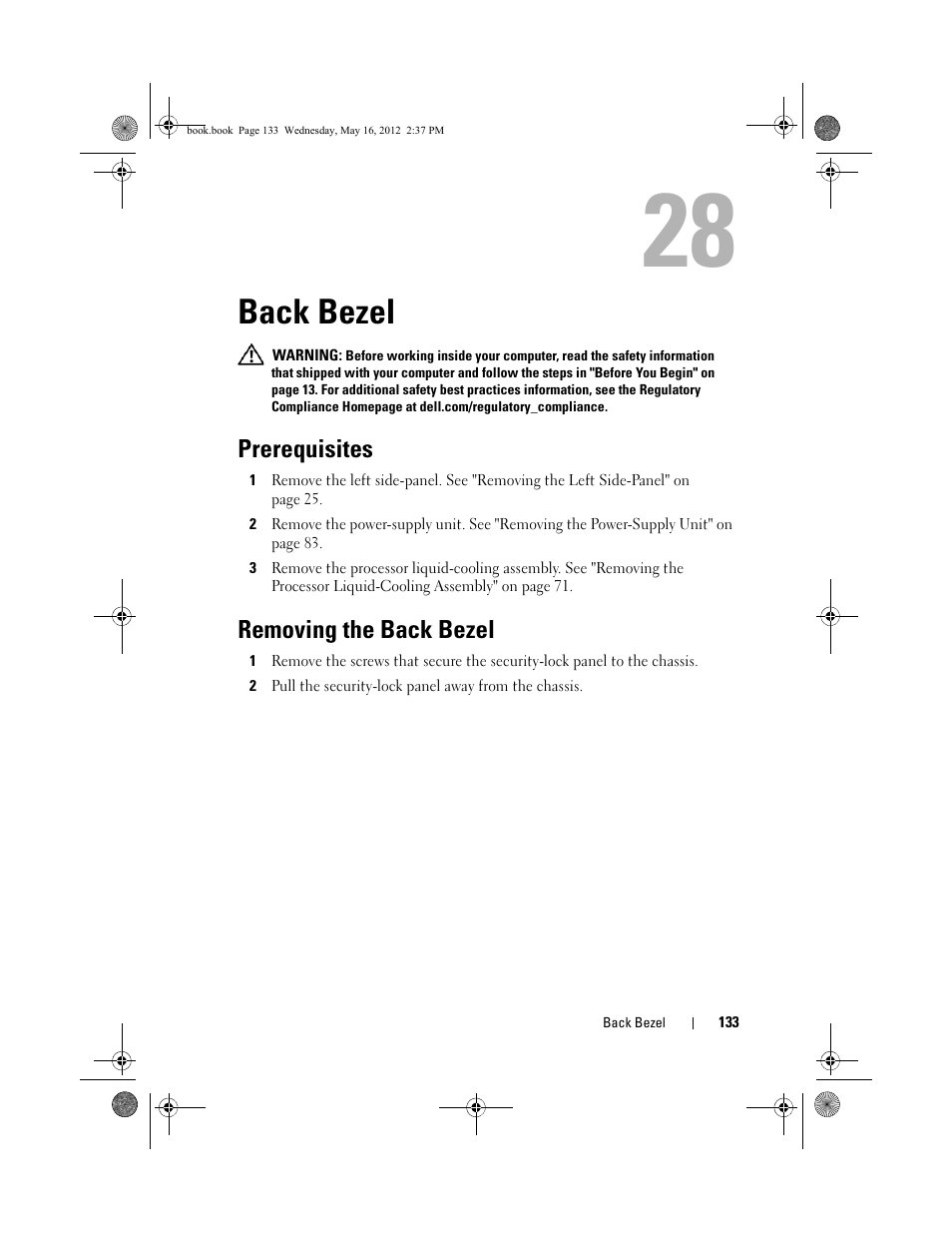 Back bezel, Prerequisites, Removing the back bezel | Dell Alienware Aurora R4 (Late 2011) User Manual | Page 133 / 162