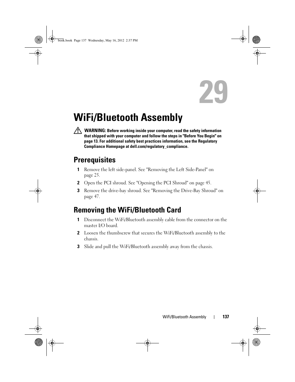 Wifi/bluetooth assembly, Prerequisites, Removing the wifi/bluetooth card | Dell Alienware Aurora R4 (Late 2011) User Manual | Page 137 / 162