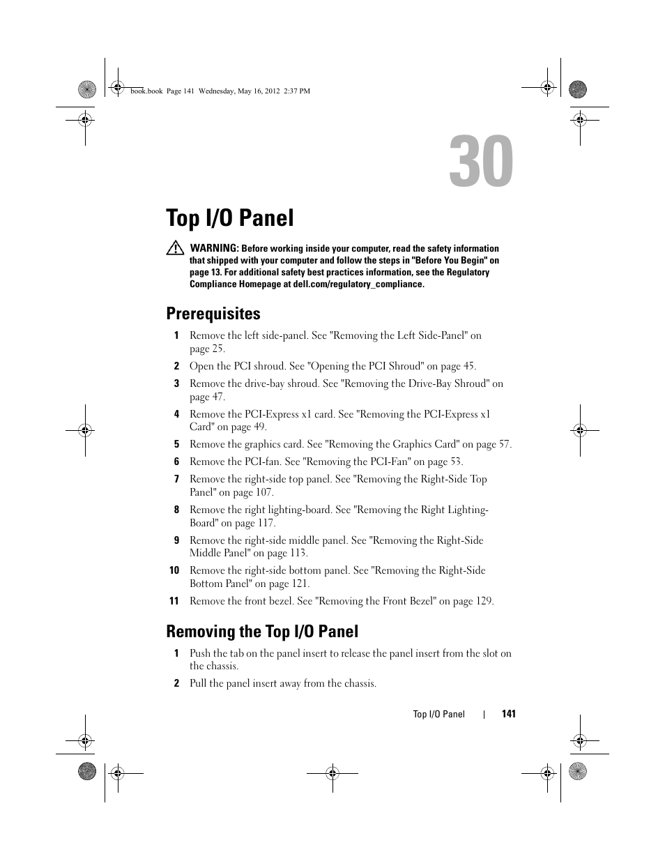 Top i/o panel, Prerequisites, Removing the top i/o panel | Dell Alienware Aurora R4 (Late 2011) User Manual | Page 141 / 162