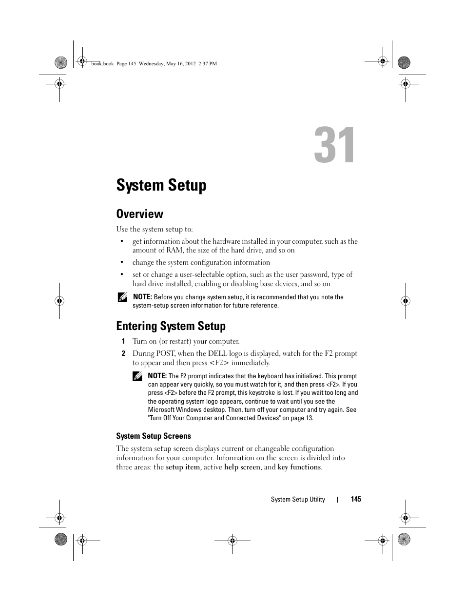 System setup, Overview, Entering system setup | System setup screens | Dell Alienware Aurora R4 (Late 2011) User Manual | Page 145 / 162