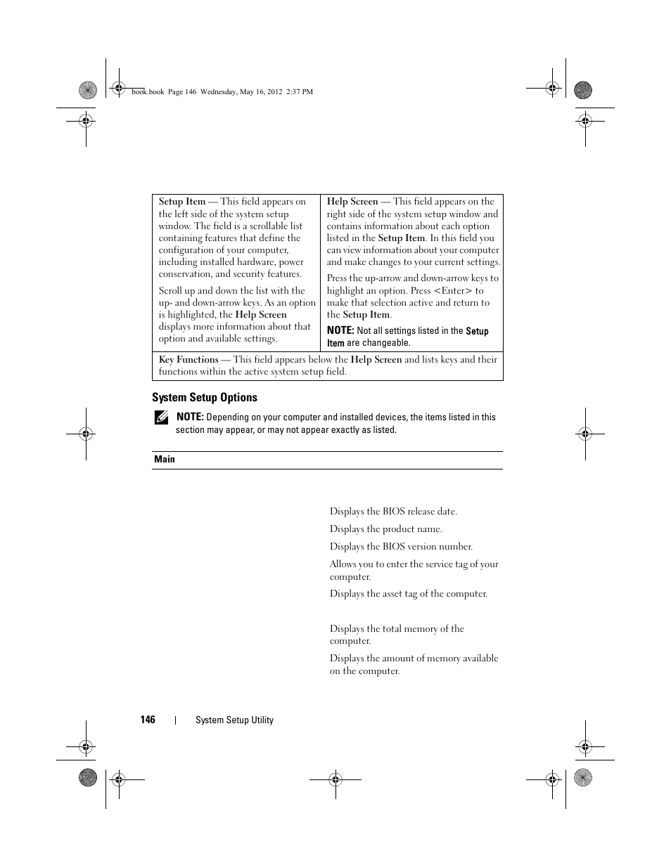 System setup options | Dell Alienware Aurora R4 (Late 2011) User Manual | Page 146 / 162