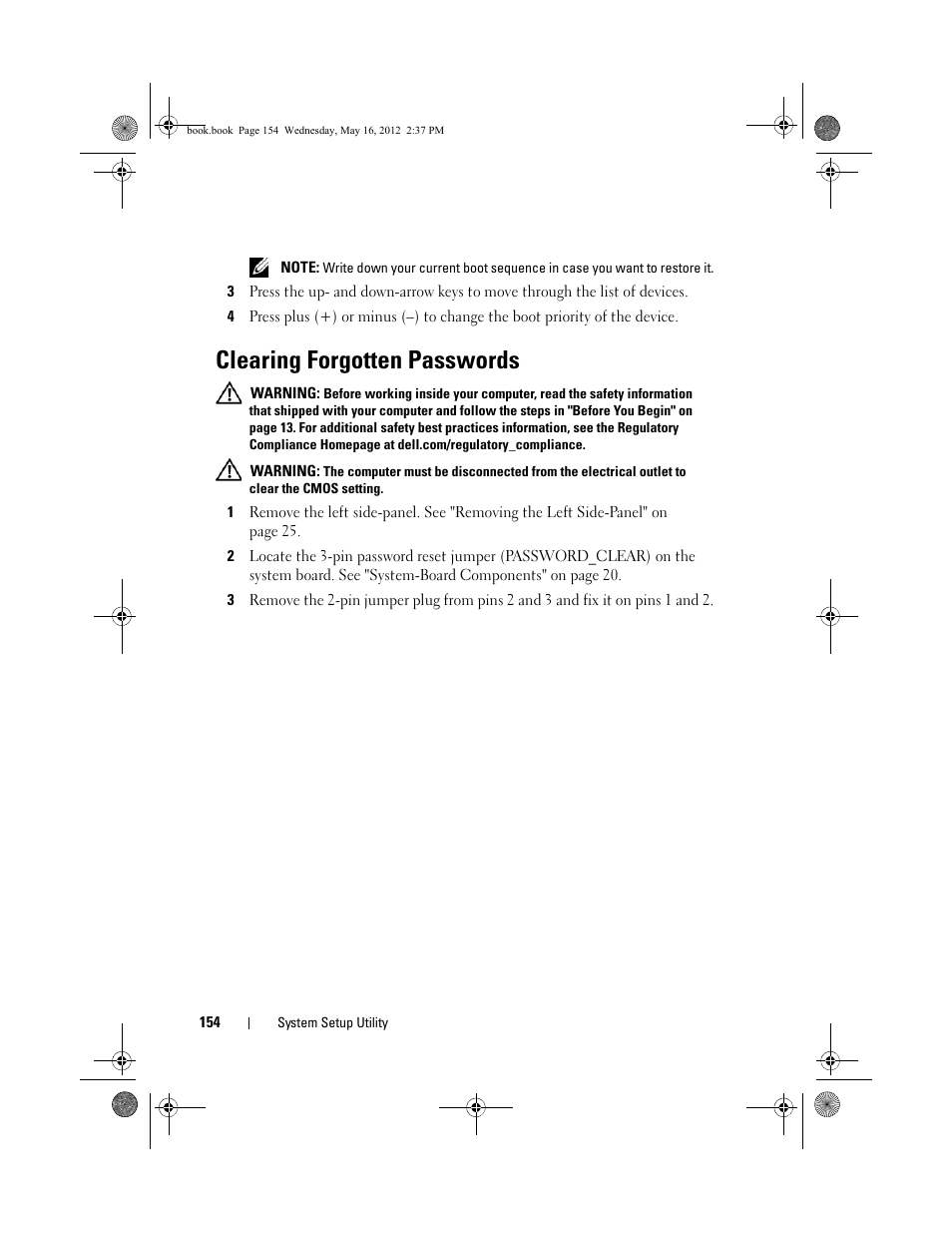 Clearing forgotten passwords | Dell Alienware Aurora R4 (Late 2011) User Manual | Page 154 / 162