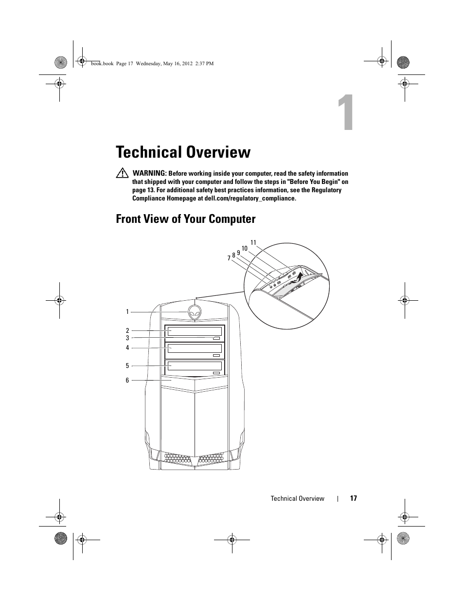 Technical overview, Front view of your computer | Dell Alienware Aurora R4 (Late 2011) User Manual | Page 17 / 162