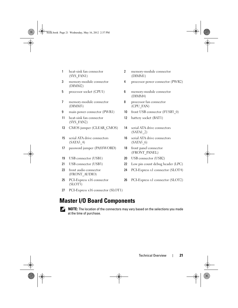 Master i/o board components | Dell Alienware Aurora R4 (Late 2011) User Manual | Page 21 / 162