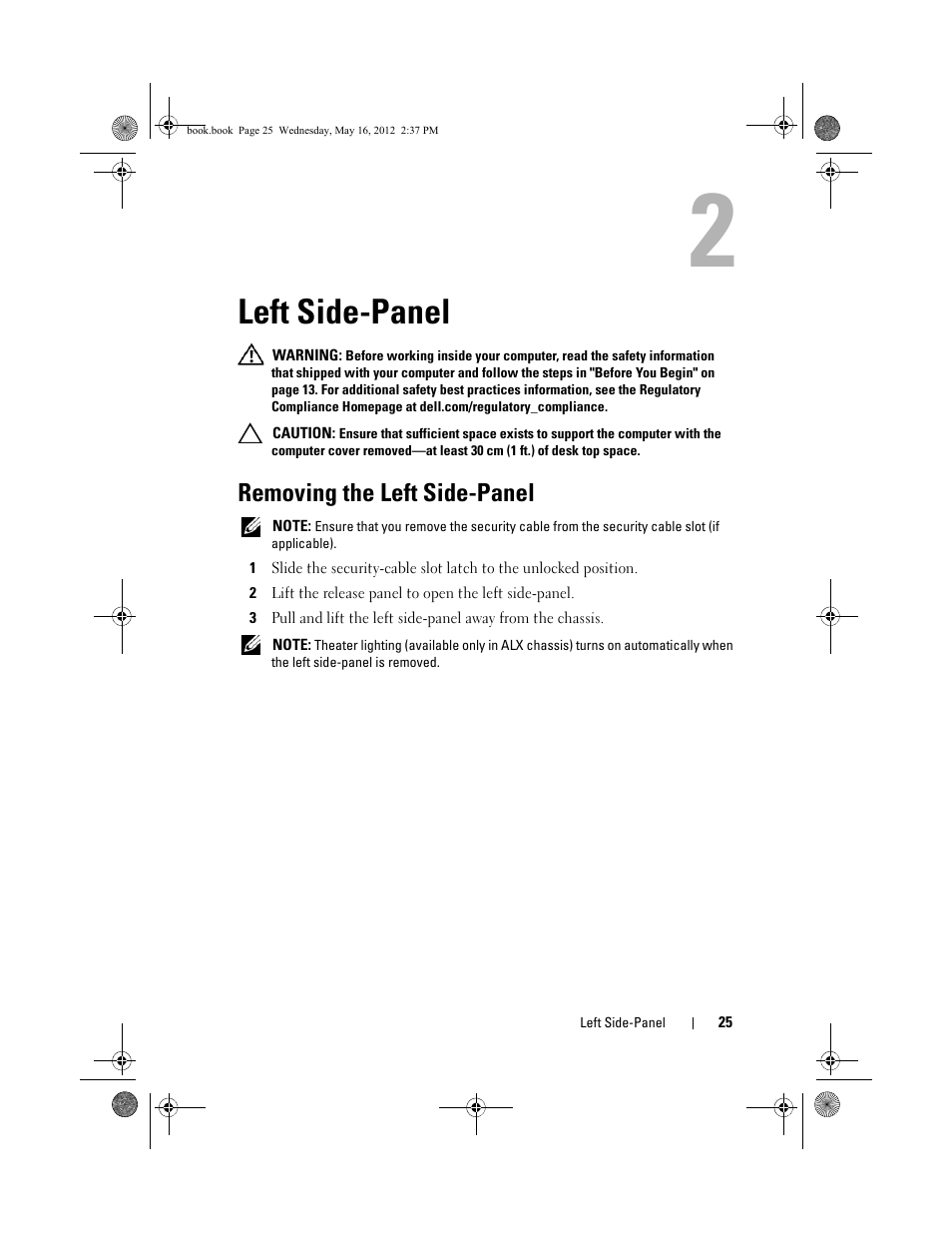 Left side-panel, Removing the left side-panel | Dell Alienware Aurora R4 (Late 2011) User Manual | Page 25 / 162
