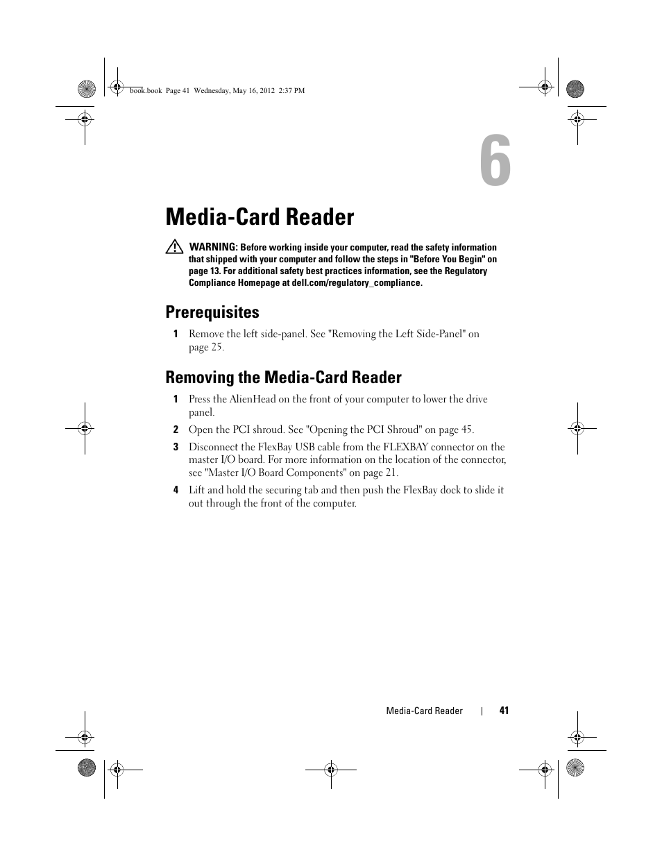 Media-card reader, Prerequisites, Removing the media-card reader | Dell Alienware Aurora R4 (Late 2011) User Manual | Page 41 / 162