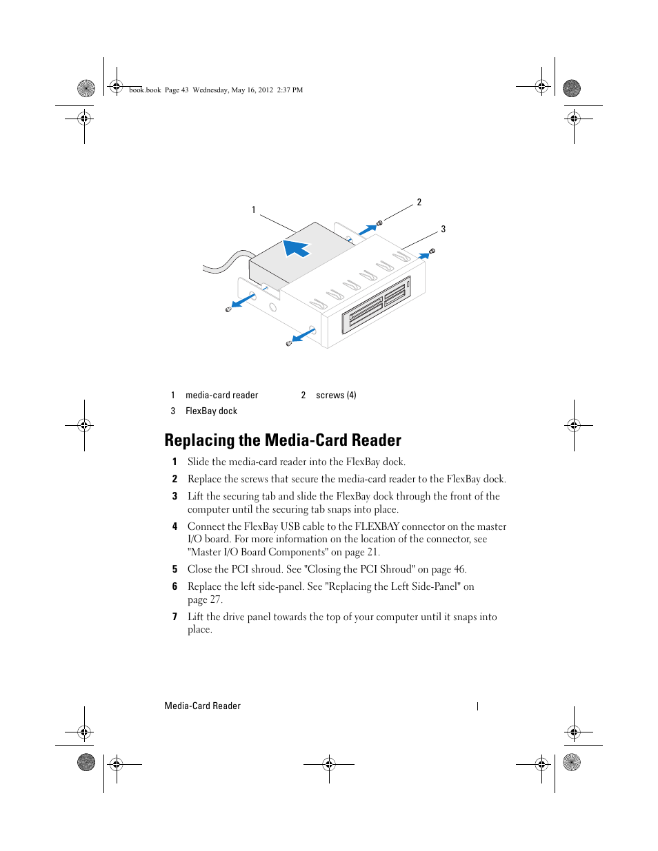 Replacing the media-card reader | Dell Alienware Aurora R4 (Late 2011) User Manual | Page 43 / 162