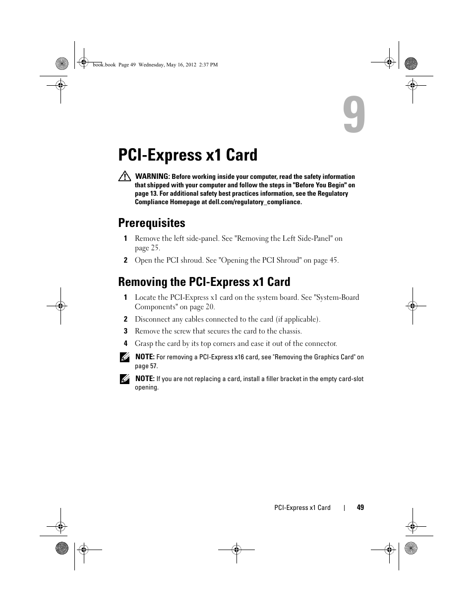 Pci-express x1 card, Prerequisites, Removing the pci-express x1 card | Dell Alienware Aurora R4 (Late 2011) User Manual | Page 49 / 162