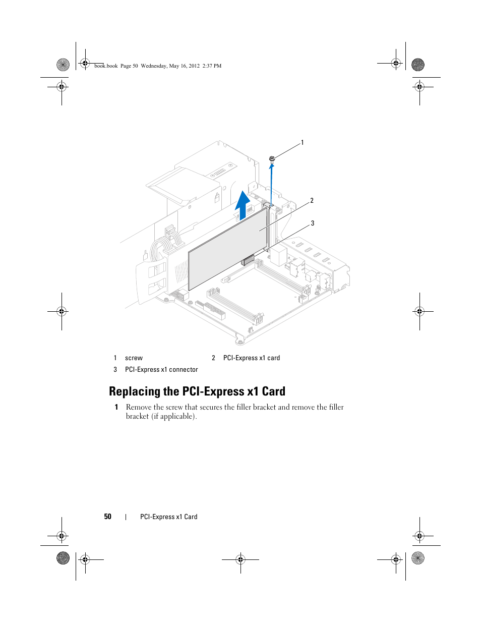 Replacing the pci-express x1 card | Dell Alienware Aurora R4 (Late 2011) User Manual | Page 50 / 162