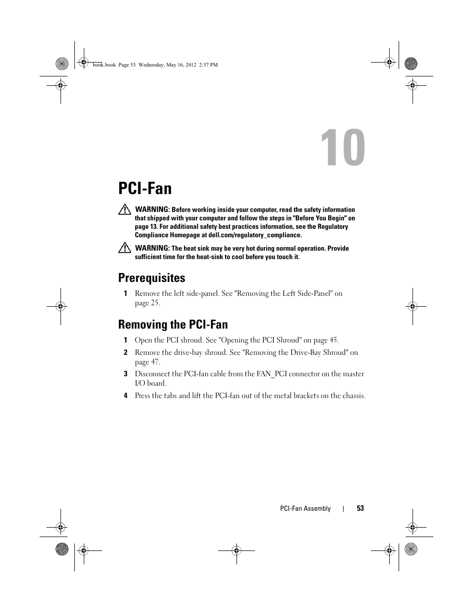 Pci-fan, Prerequisites, Removing the pci-fan | Dell Alienware Aurora R4 (Late 2011) User Manual | Page 53 / 162