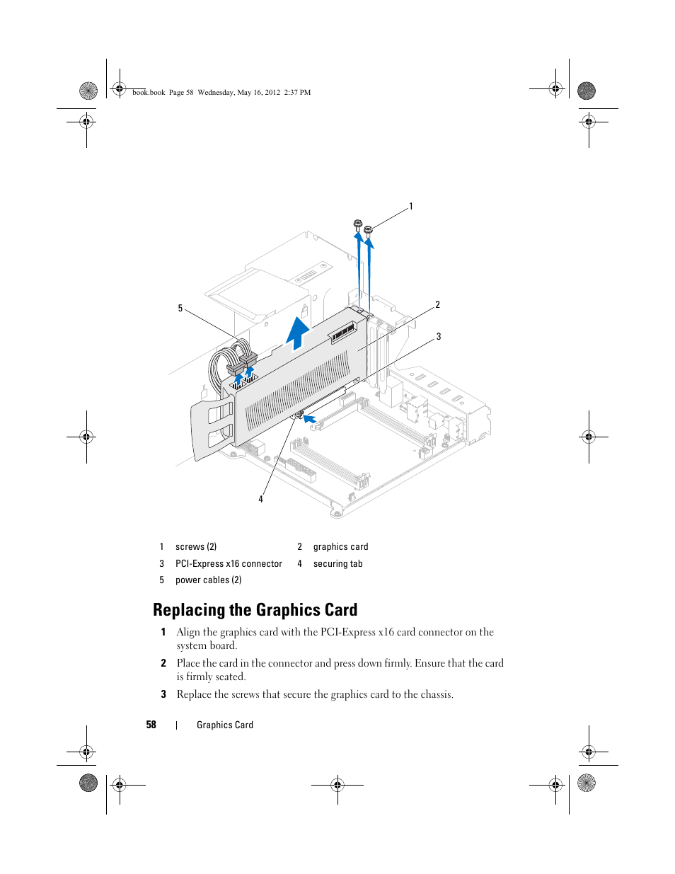 Replacing the graphics card | Dell Alienware Aurora R4 (Late 2011) User Manual | Page 58 / 162