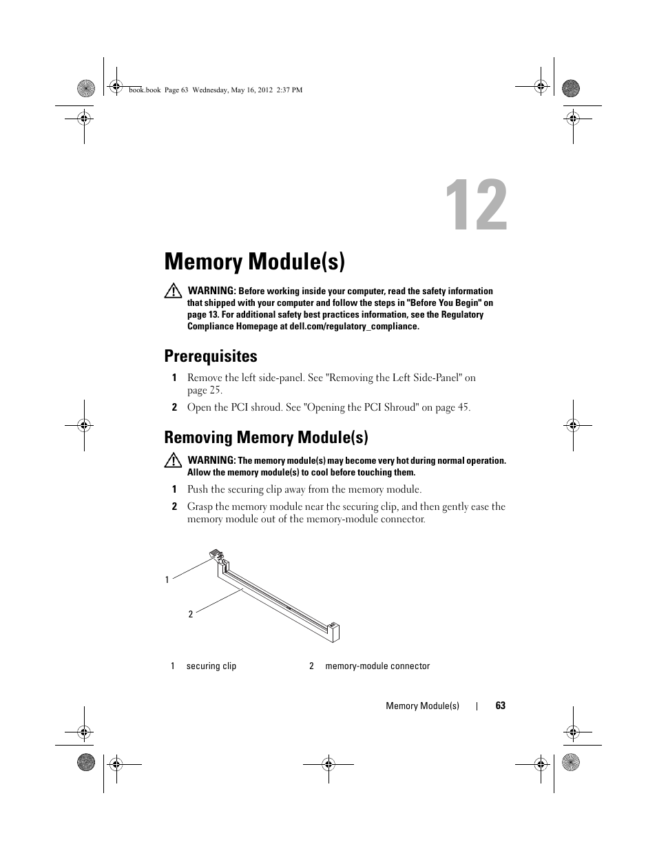 Memory module(s), Prerequisites, Removing memory module(s) | Dell Alienware Aurora R4 (Late 2011) User Manual | Page 63 / 162