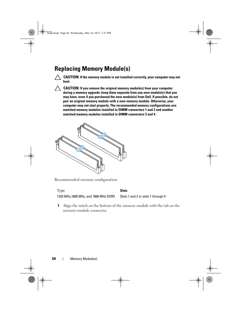 Replacing memory module(s) | Dell Alienware Aurora R4 (Late 2011) User Manual | Page 64 / 162