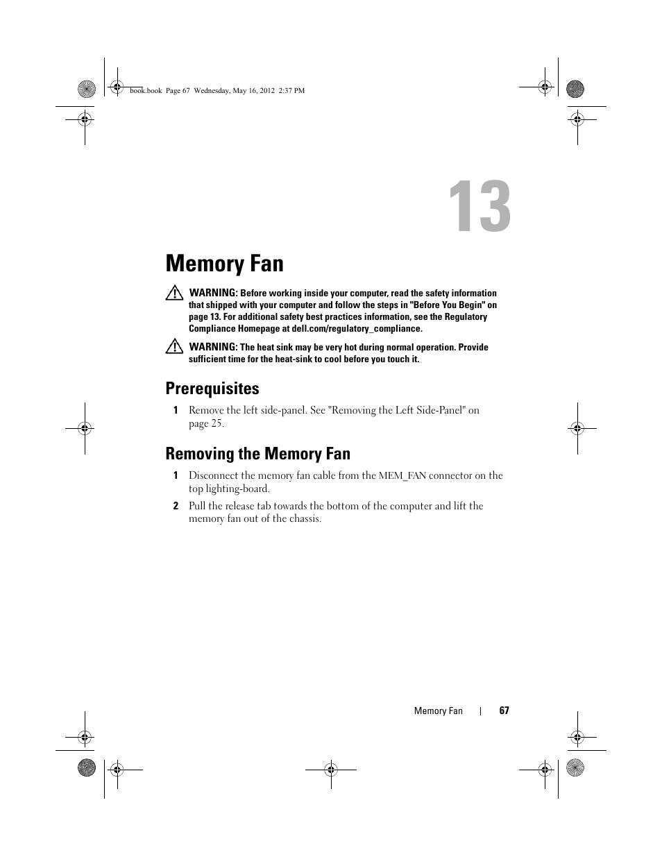 Memory fan, Prerequisites, Removing the memory fan | Dell Alienware Aurora R4 (Late 2011) User Manual | Page 67 / 162