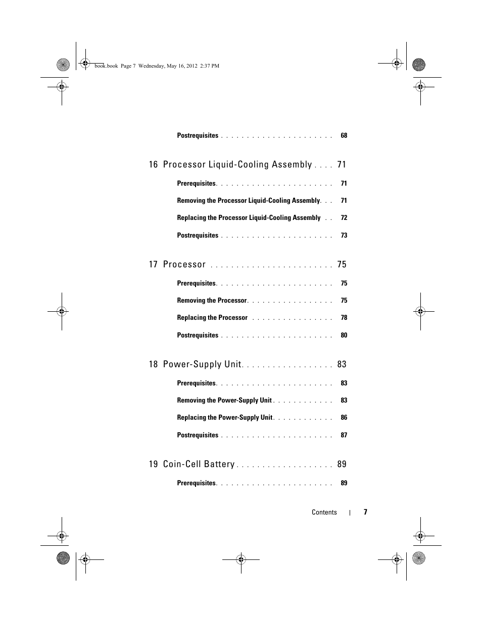16 processor liquid-cooling assembly, 17 processor, 18 power-supply unit | 19 coin-cell battery | Dell Alienware Aurora R4 (Late 2011) User Manual | Page 7 / 162