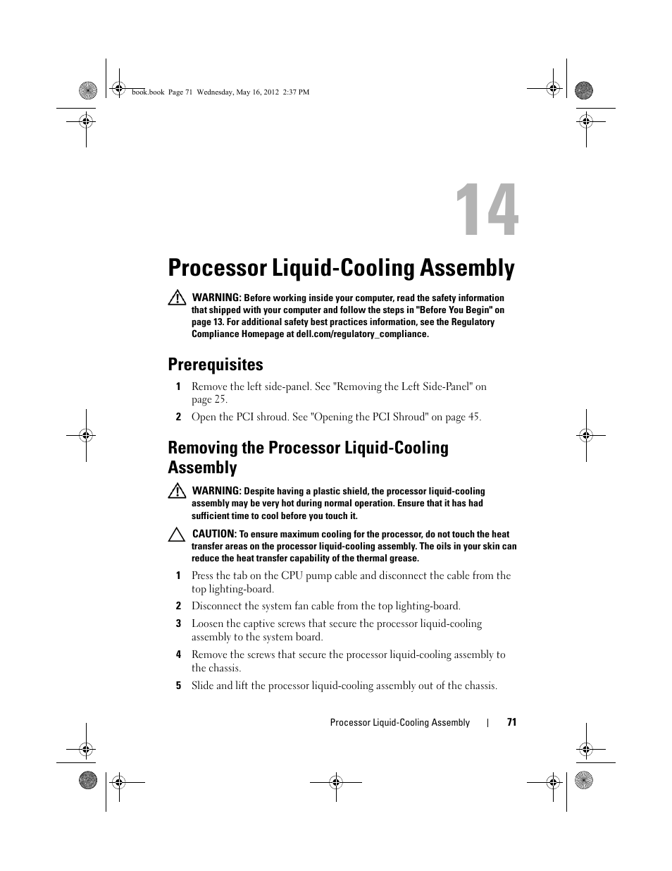 Processor liquid-cooling assembly, Prerequisites, Removing the processor liquid-cooling assembly | Dell Alienware Aurora R4 (Late 2011) User Manual | Page 71 / 162
