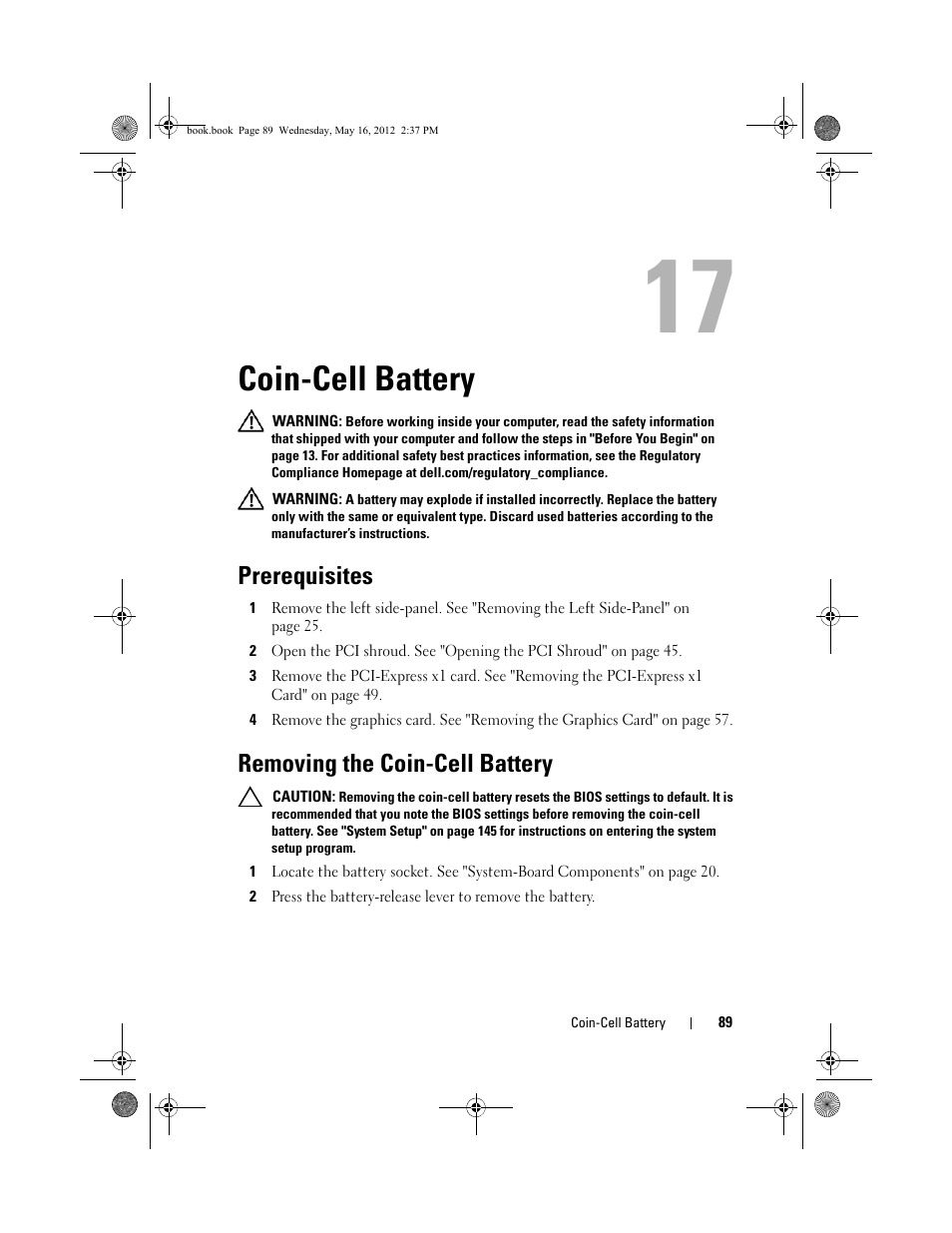 Coin-cell battery, Prerequisites, Removing the coin-cell battery | Dell Alienware Aurora R4 (Late 2011) User Manual | Page 89 / 162