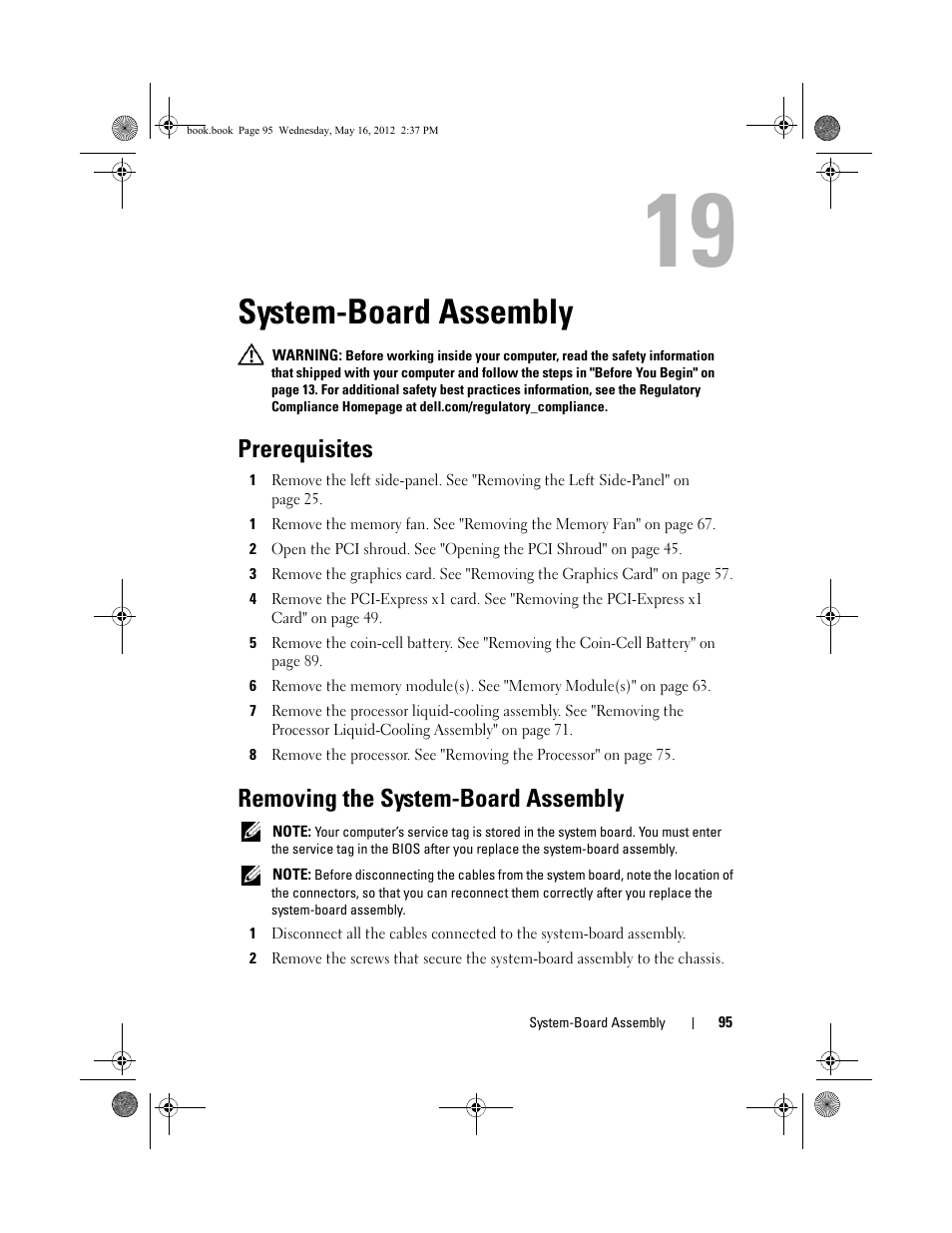 System-board assembly, Prerequisites, Removing the system-board assembly | Dell Alienware Aurora R4 (Late 2011) User Manual | Page 95 / 162