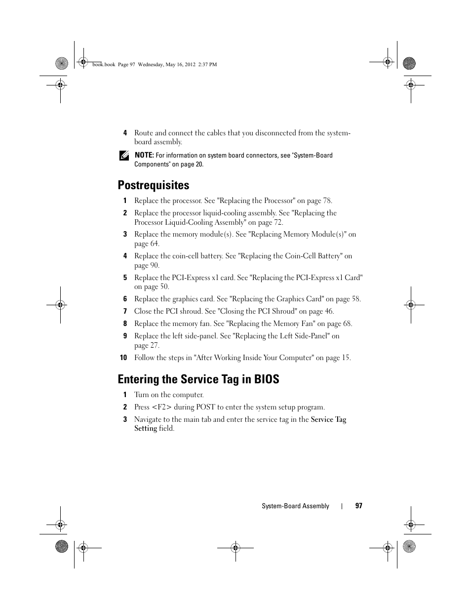 Postrequisites, Entering the service tag in bios | Dell Alienware Aurora R4 (Late 2011) User Manual | Page 97 / 162