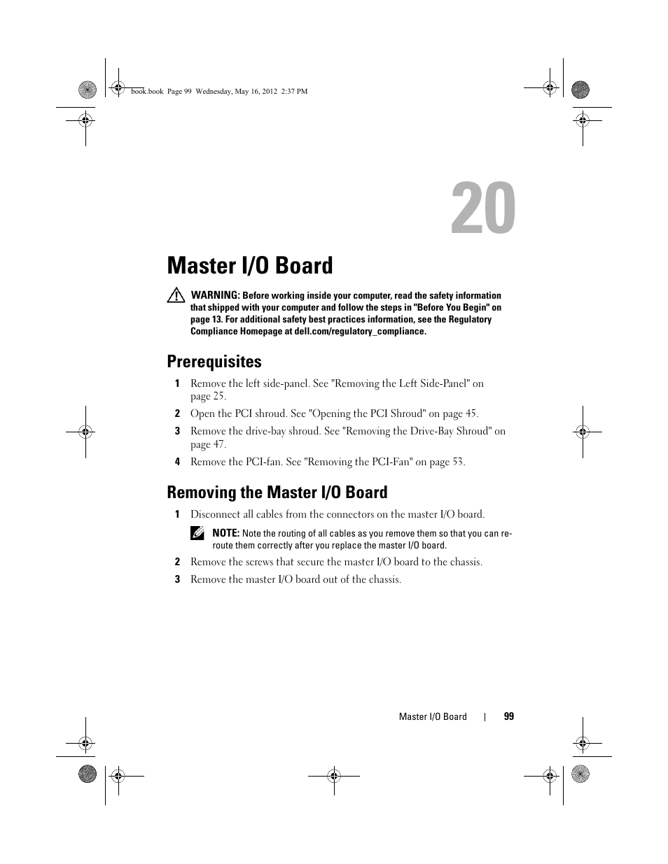 Master i/o board, Prerequisites, Removing the master i/o board | Dell Alienware Aurora R4 (Late 2011) User Manual | Page 99 / 162