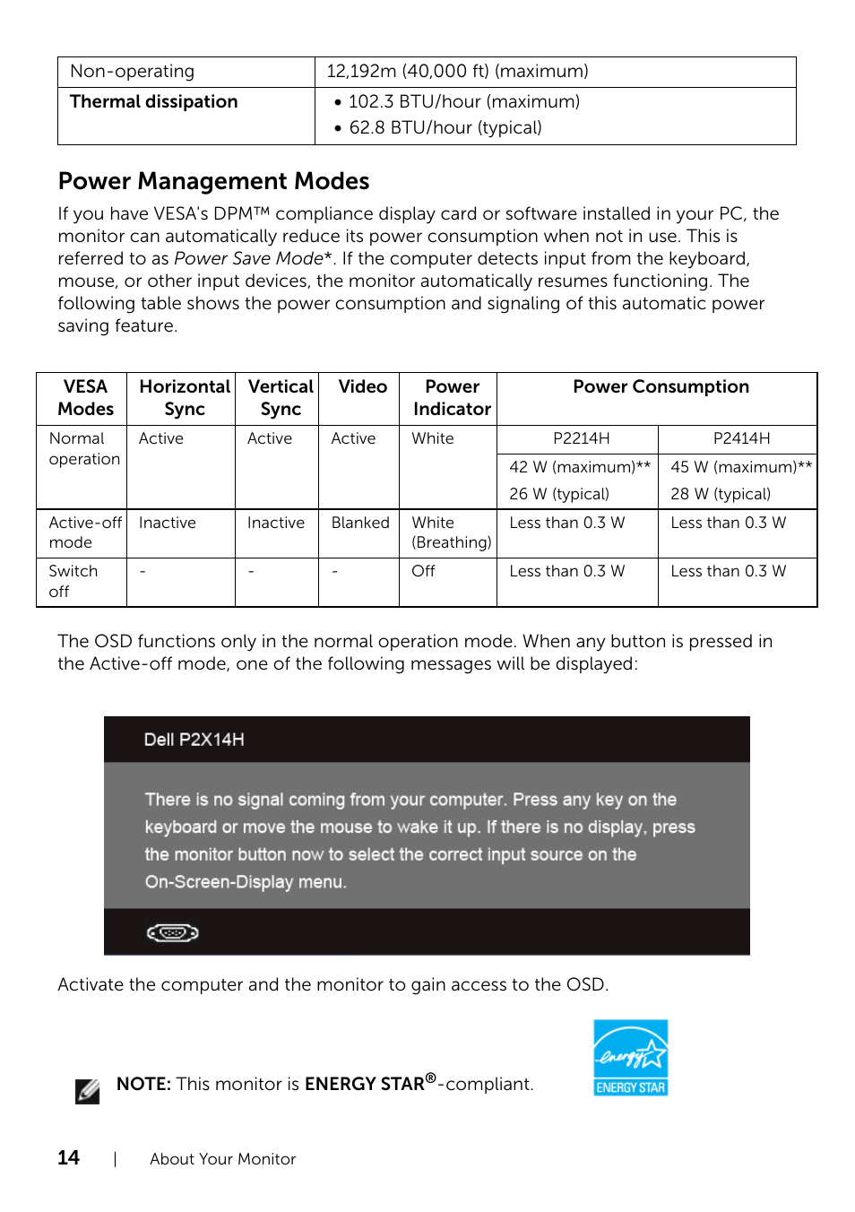 Power management modes | Dell P2214H Monitor User Manual | Page 14 / 54