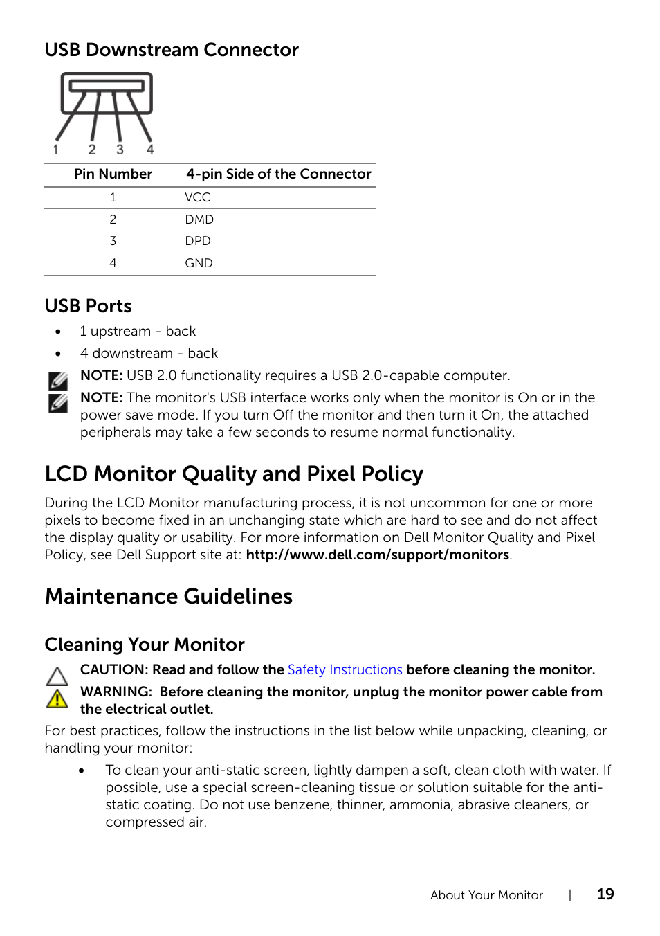 Lcd monitor quality and pixel policy, Maintenance guidelines, Usb downstream connector | Usb ports, Cleaning your monitor | Dell P2214H Monitor User Manual | Page 19 / 54